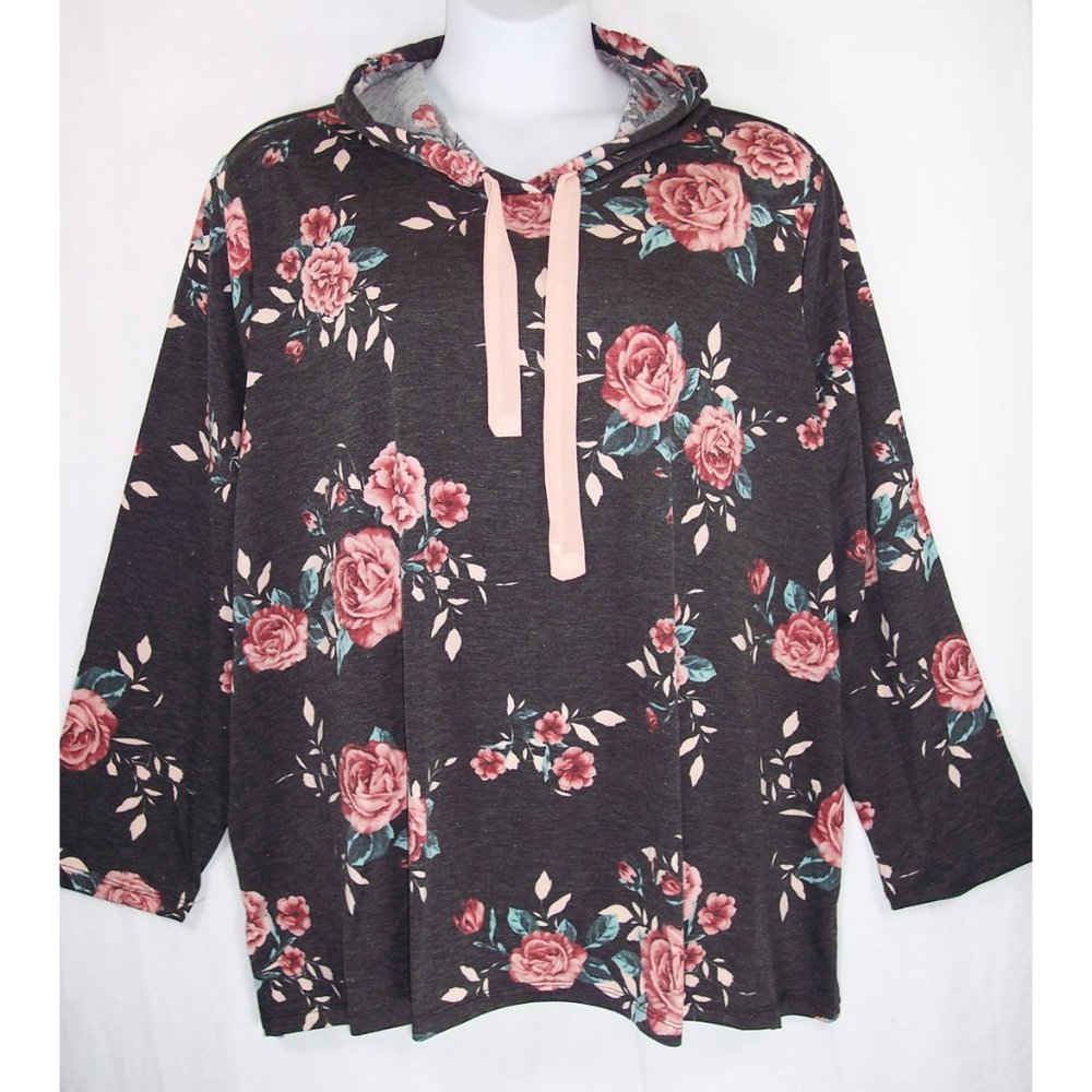 NEW Avenue 30/32 Floral Hoodie Top French Terry Long Sleeves - Picture 3 of 12